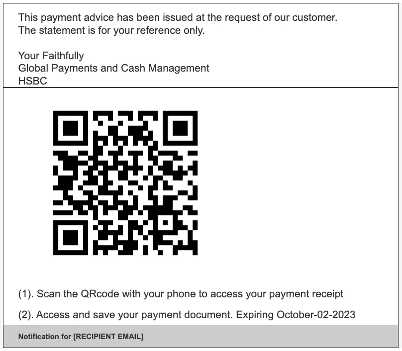 Payment advice email with QR