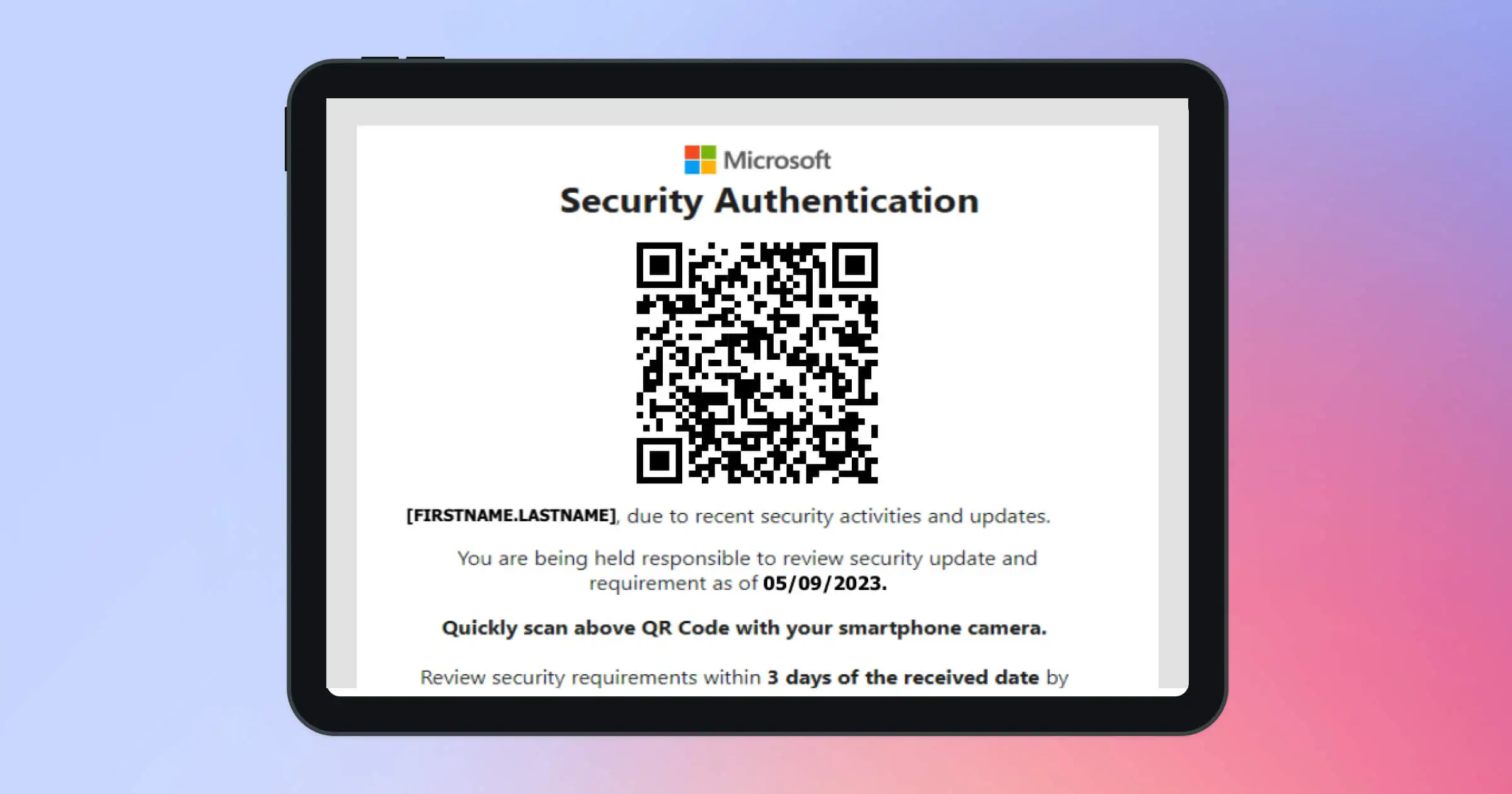 Security authentication message with QR